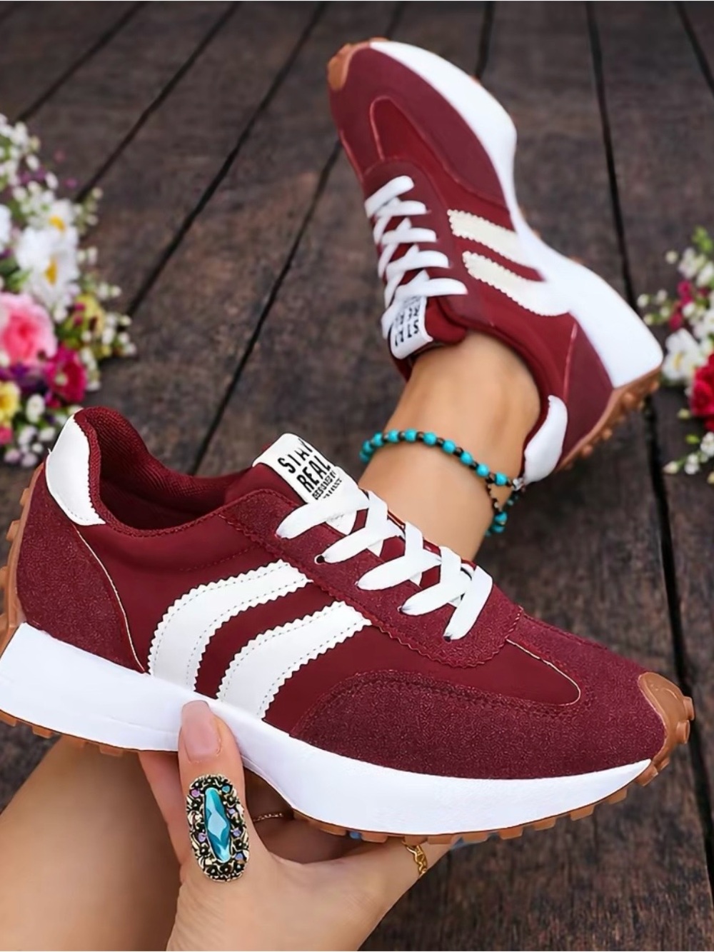 Women's Maroon Lace-Up Sneakers with White Stripes